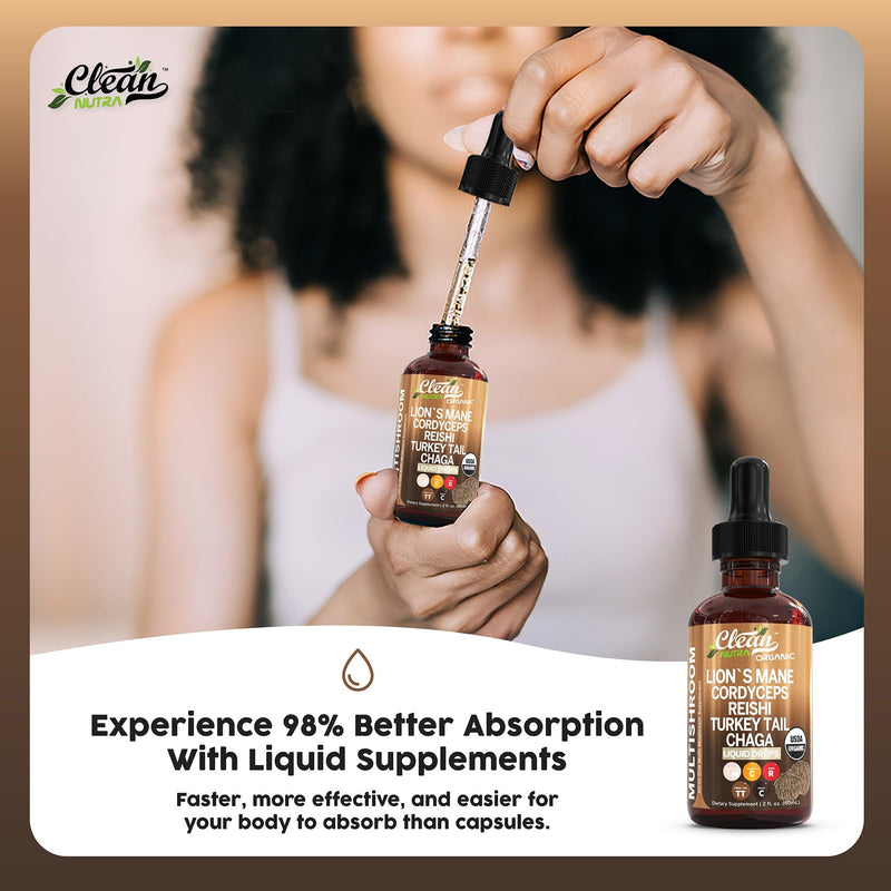 Organic Lions Mane Mushroom Supplement Liquid Drops + Turkey Tail Cordyceps Reishi Chaga Shitake Maitake Tremella Oyster Mushrooms Poria and Enokitake Complex Blend by Clean Nutra 1