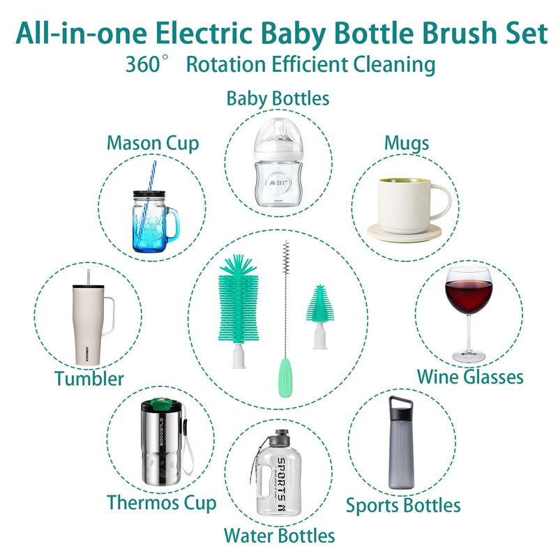 Electric Bottle Brush Cleaner, Electric Baby Bottle Cleaner with Replaceable Silicone Bottle Brushes,Nipple and Straw Brush, Travel Bottle Brush Set with Drainage Rack and Storage Box Green - BeesActive Australia