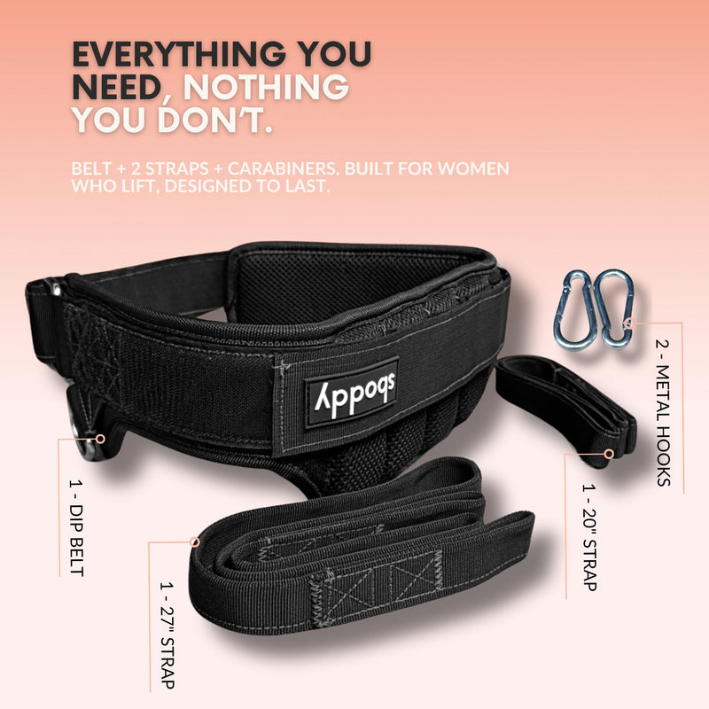 Women’s Dip Belt for Weighted Pull-Ups, Squats & Dips – Curve-Hugging Fit for 28"-44" Waists – 2 Straps + Carabiners – Comfortable Back Support, Up to 300 lbs.
