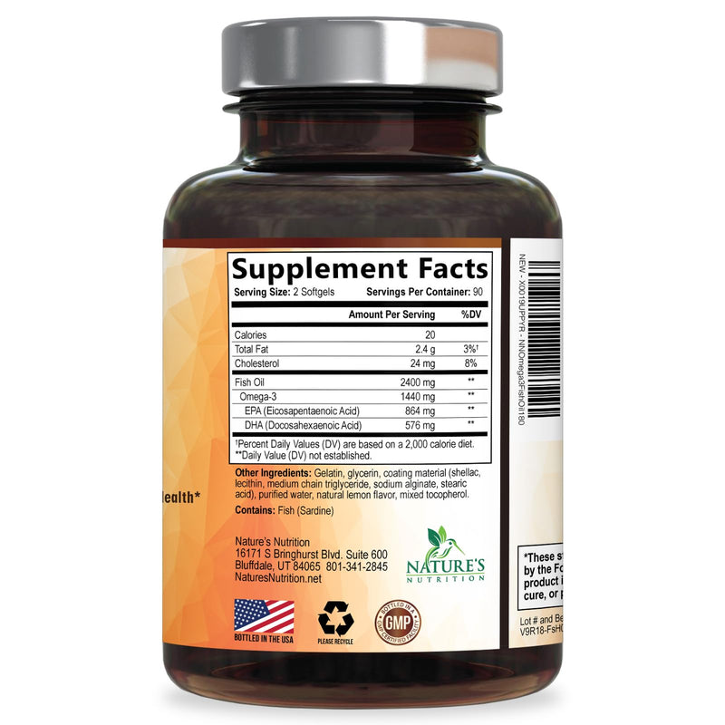 Omega 3 Fish Oil Supplements - 2400mg Fish Oil Per Serving - Triple Strength Omega-3 with EPA & DHA Fatty Acids - Natural Heart, Brain & Immune Support - Wild Caught, Bottled in USA - 180 Softgels 180 Count (Pack of 1)