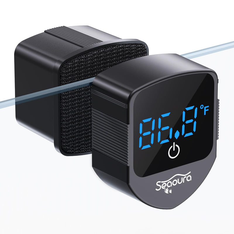 SEAOURA 2-in-1 Aquarium Magnetic Cleaner with Digital Aquariums Thermometer, Fish Mini Magnets Brush only for Glass Tank,Tiny Magnet Floating Cleaning Tool for 1-30 Gallons Black