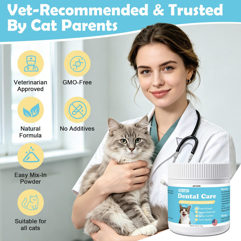 AETHER Cat Dental Care Powder, Cat Gingivitis Support with Natural Extracts, Helps Reduce Bad Breath, Plaque & Tartar, Supports Teeth, Gums Oral Health, Daily Teeth Cleaning Supplement for Cats, 4oz