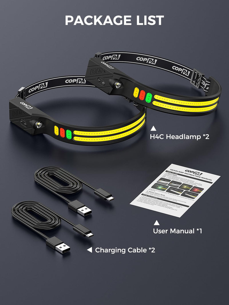 COPPA Headlamp, H4C Headlamp Rechargeable 2Pack with White & Yellow & Red & Green Floodlight & Spotlight Mini Portable with Motion Sensor Super for Camping Running Fishing Climbing Hiking Maintenance English 2.0