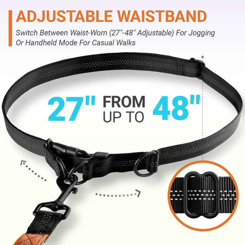 4-6 FT Hands-Free Dog Leash for Running & Walking - Adjustable Waist Belt (28-47"), Shock-Absorbing Bungee, 2 Reinforced Handles, Reflective & Anti-Pull for Small/Medium Dogs, Orange - BeesActive Australia