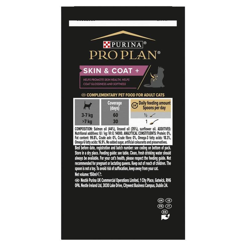 PRO PLAN Cat Skin and Coat Supplement | Skin health support, lustrous coat | with salmon oil, linseed oil, omega 3, omega 6, vitamin E | Adult and Senior cats | Oil 150 ml