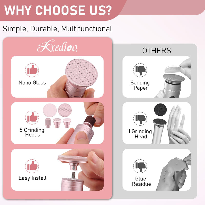 Kredioo Electric Foot Callus Remover 5 Nano Glass German Technology Nail File Grinding Sanding Heads Pedicure Tools for Feet Sensitive Skin Safe Adjust Speed R/F Direction Remove Calluses -Purple Purple - BeesActive Australia