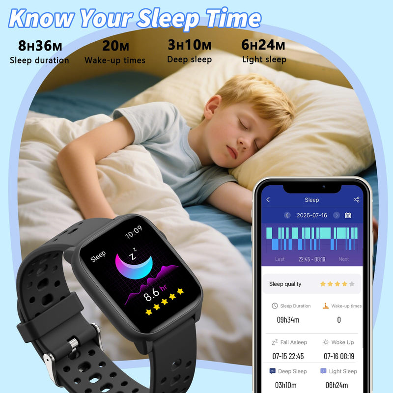Kids Smart Watch with Puzzle Games, 1.83" Kids Watches Heart Rate, Sleep Monitor, Pedometer, Alarm Clock, Flashlight, Gift for 6-16 Year Old Boys Girls Toys (Black) Black - BeesActive Australia