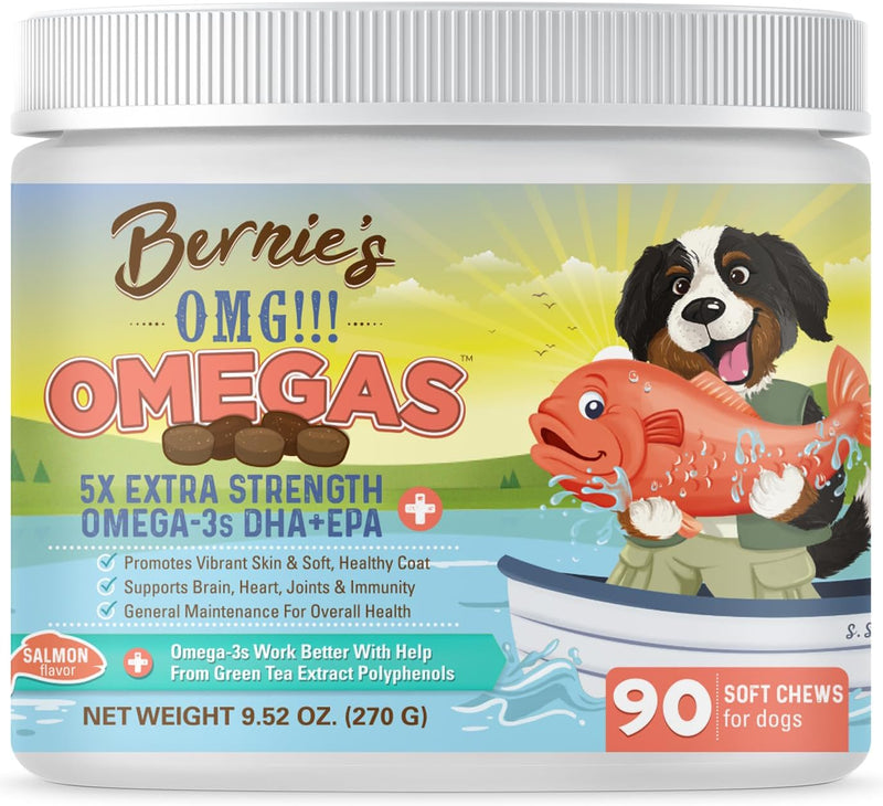 Bernie’s OMG!!! Omegas 5X Extra Strength Omega-3s DHA+EPA, Chews with Fish Oil for Dogs, Ultimate Skin & Coat, Works as Dog Allergy Chews, Dog Calming Chews, Joint Supplement. (Salmon) Salmon - BeesActive Australia