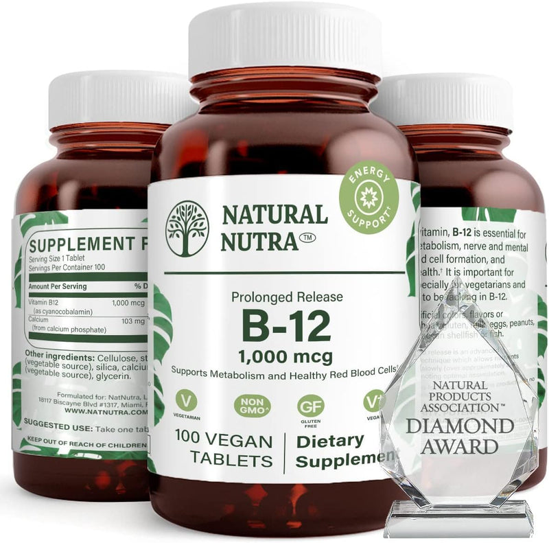 Natural Nutra Vitamin B12 1000 mcg, 100 Vegan Tablets | Promote Heart & Nerve Health, Cobalamin B12 Supplement, Help in Metabolism Health, Optimal Absorption, Gluten-Free,Sugar-Free 100 Count (Pack of 1)