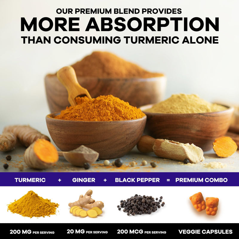 Turmeric Curcumin Gummies Sugar Free Supplement - 95% Curcuminoids with Turmeric & Ginger, Black Pepper for Best Absorption, Nature's Vegan Joint Support, Non-GMO, Tasty Peach Flavor - 60 Gummies