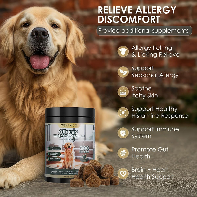 Dog Allergy Chews, Itchy Skin Relief for Dogs & Immune Support Anti Itch Probiotics for Yeast, Itchy Ears, Vitamins for Seasonal Allergies, Gut Health, Chicken 200 Chews