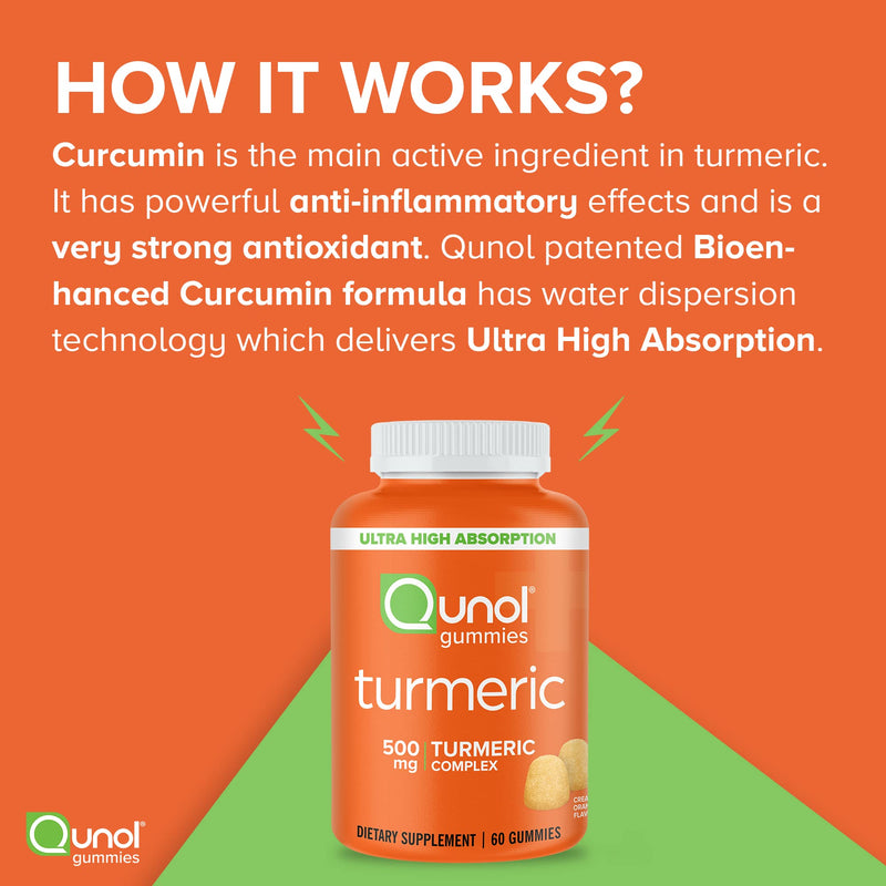 Qunol Turmeric Gummies, Gummy with 500mg Turmeric Curcumin, Joint Support Supplement, Ultra High Absorption Tumeric Curcumin, Vegan, Gluten Free, 2 Month Supply (60 Count, Pack of 2) Orange 60 Count (Pack of 2) - BeesActive Australia
