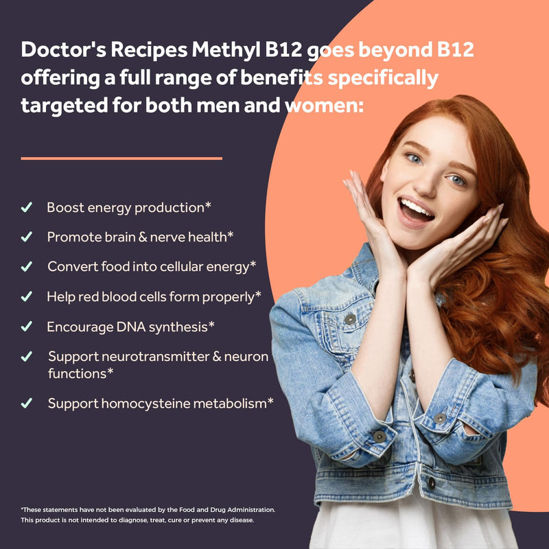 Doctor's Recipes Vitamin B12, Methylcobalamin 5000 mcg 90ct | Fast Dissolve Tablets, Vegan Methyl, Energy Metabolism & Nervous System, Natural Peach Flavor, 90 Count (Pack of 1)