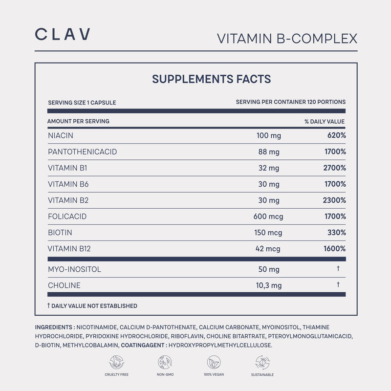 CLAV® Vitamin B Complex, All 8 B Vitamins, High Strength, 120 Capsules | For Energy, Nervous System & Reduced Tiredness, with B1, B2, B3, B5, B6, B12, Myo-Inositol & Choline, in Amber Glass, Vegan