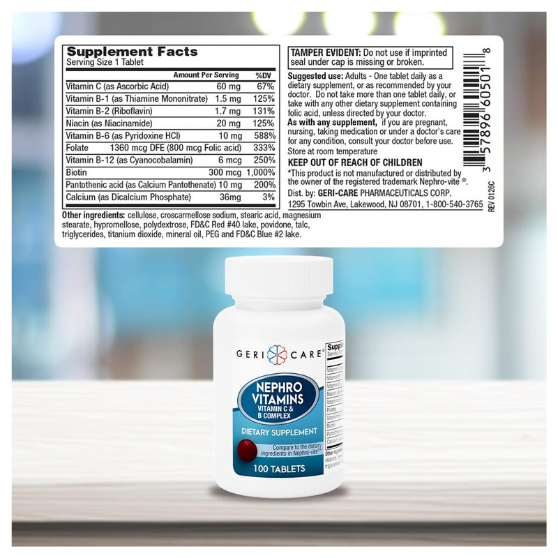 GeriCare Nephro Vitamin C & B Complex Tablets, 100 Count – Daily Kidney Health & Energy Support, Immune System Boost, Antioxidant Protection & Metabolism Support (Pack of 1)