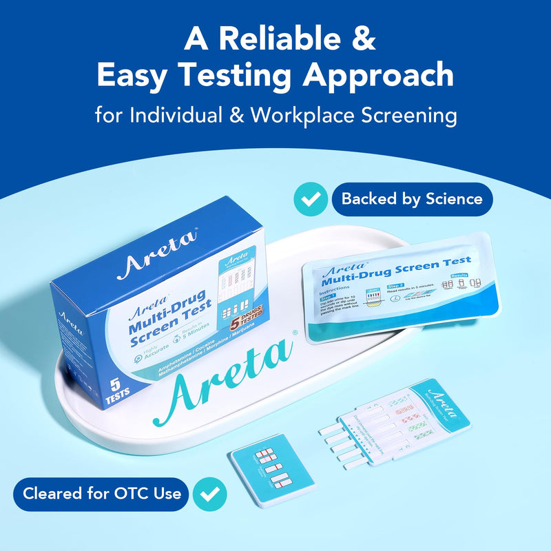 Areta Multi-Drug Screen Test for Marijuana (THC), Cocaine, Amphetamine, Morphine, Methamphetamine, 5 in 1 Home Urine Drug Testing Kit 5 Pack -#ADTP-254