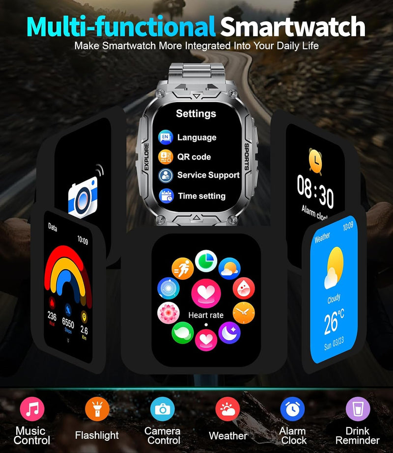 TX12 Smart Watch for Men, 1000 mAh Battery/LED Flashligh Military Smart Watches, 2.01'' HD Fitness Tracker, 100+ Sports Mode/Pedometer/IP68 Waterproof Smartwatch for Android iOS Phones