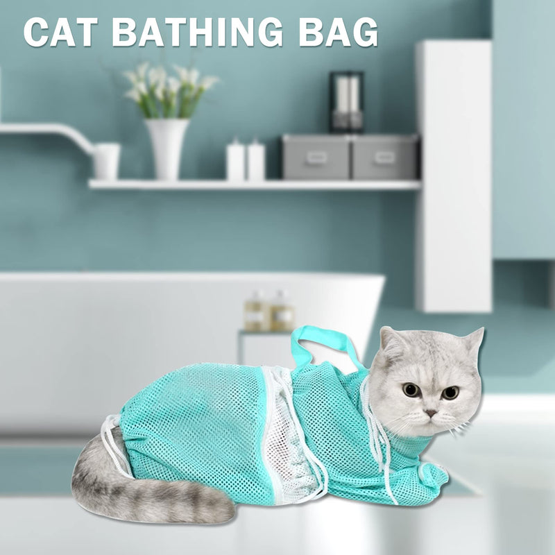 JULMELON Cat Washing Bag 10 PCS Set, Adjustable Cat Shower Net Bag and Pet Grooming Brush with Nail Clipper Nail File Hair Combs Tick Tool Nail Caps for Bathing Nail Trimming Examination（Grey+Green） Grey+Green - BeesActive Australia