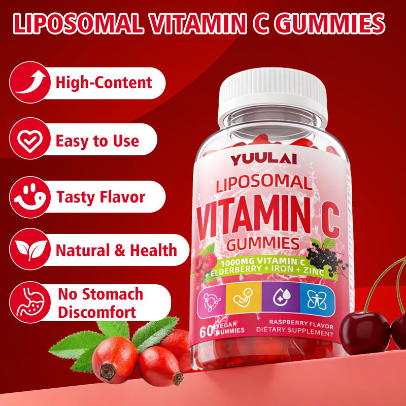 Liposomal Vitamin C 1000mg Gummies for Adults, Vitamin C Chewable with Iron, Zinc & Elderberry for Immune Support & Energy, Sugar Free, Raspberry Flavor, 60 Count 60 Count (Pack of 1)