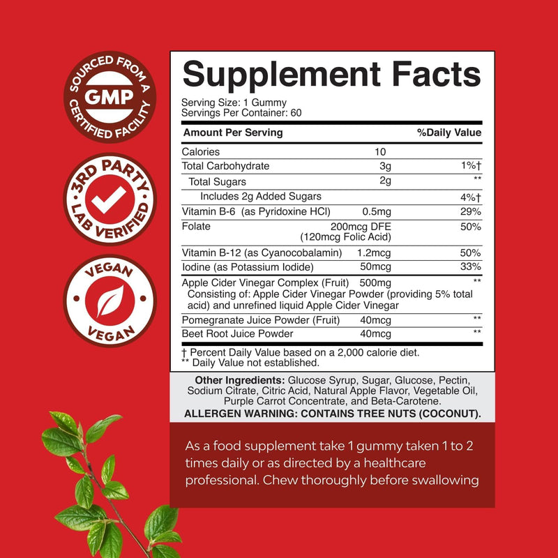 Apple Cider Vinegar Gummies for Weight Loss - Cleanse & Detox Gummies for Gut Health, Bloating & Energy Support - ACV Chews with B12 Vitamin, B6 & Pomegranate for Better Metabolism - 60 Count