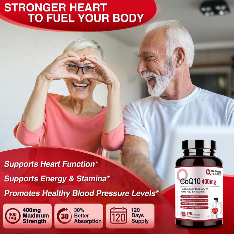 NATURE TARGET CoQ10 400mg Plus PQQ with Vitamin E, 120 Servings | Coenzyme Q10 with Organic Olive Oil and BioPerine, High Absorption Antioxidant for Heart Health and Energy Production 120 Count (Pack of 1)