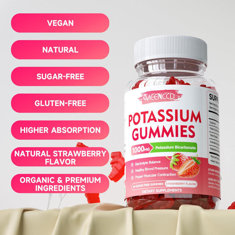 Potassium Gummies 1000mg, Potassium Bicarbonate Supplement for Adults & Kids, Potassium Supplement for Electrolyte Balance & Muscle Heath, Sugar-Free, Strawberry Flavor, 60 Count 60 Count (Pack of 1) - BeesActive Australia