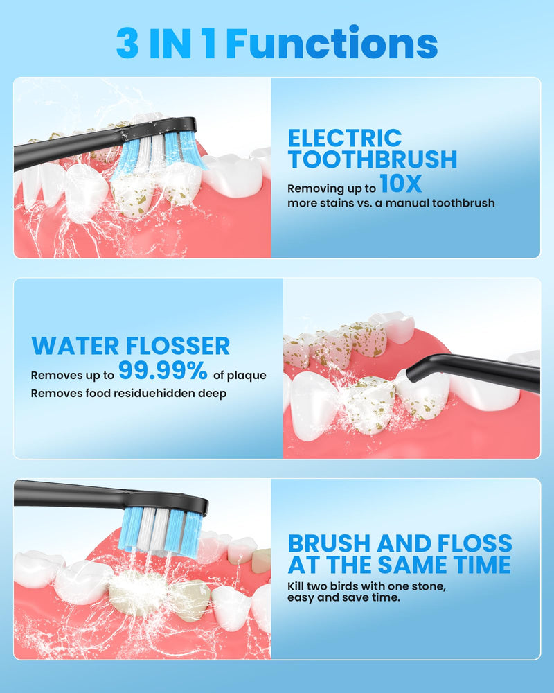 Electric Toothbrush with Water flosser, 3 in 1 Teeth Cleaning Kit with 7 Modes, Electric Toothbrush and flosser Combofor Adults, Water Flosser Portable for Travel and Home (Black) Black - BeesActive Australia