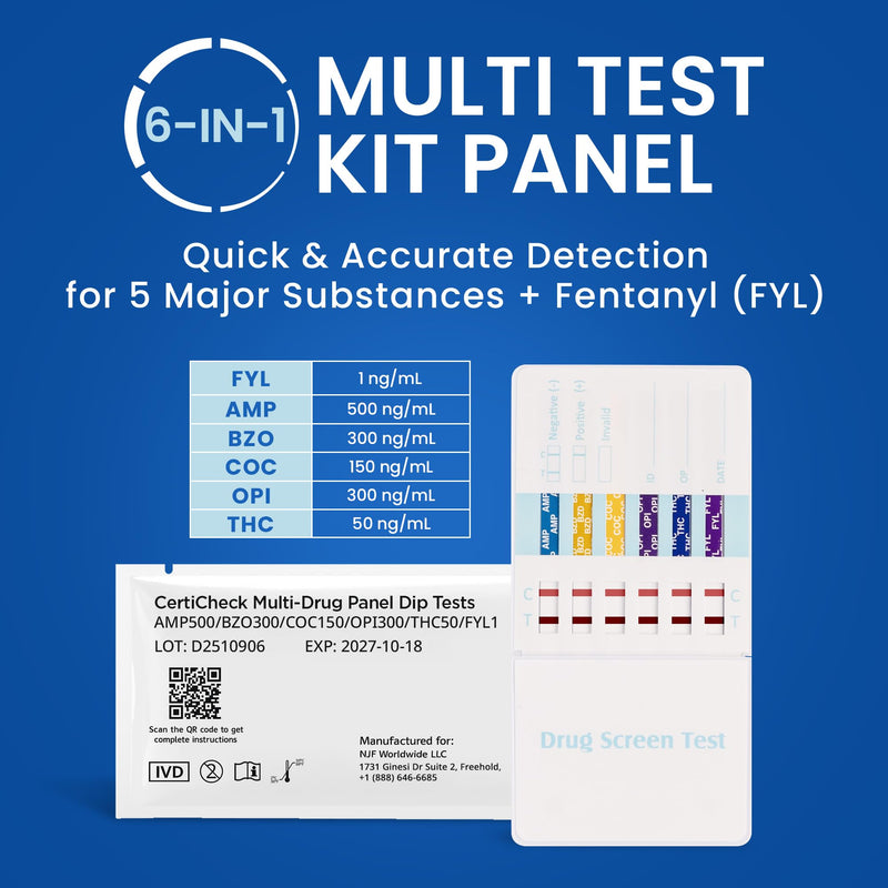 6 Panel Federal Multi-Drug Urine Test Kit, Federal 5 Urine Drug Test with Fentanyl (1 ng/mL), Cocaine, Amphetamines, Opiates, PCP & THC Tests for Home Use, Fast Results Multi-Panel Dip Tests at Home - BeesActive Australia
