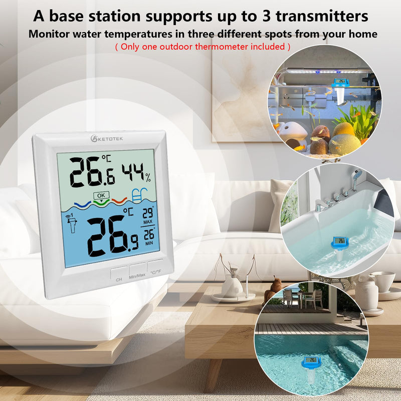 KETOTEK Wireless Pool Thermometer Digital Water Temperature Gauge Pool Floating Indoor Outdoor Thermometers for Swimming Pool, Bathtub, Pond, Aquarium Remote Temperature Monitor Sensor IPX8 Waterproof - BeesActive Australia