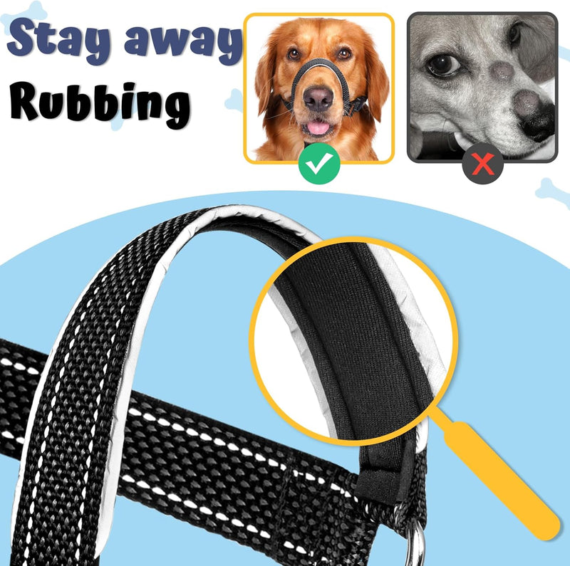 BARKLESS Dog Head Collar, Soft No Pull Dog Head Halter, Reflective Dog Muzzle Leash with Safety Link, Adjustable Headcollar, Padded Nose Leash for Large Medium Dogs Training Walking (Black, M) Black M (Snout 8.25"-10") - BeesActive Australia