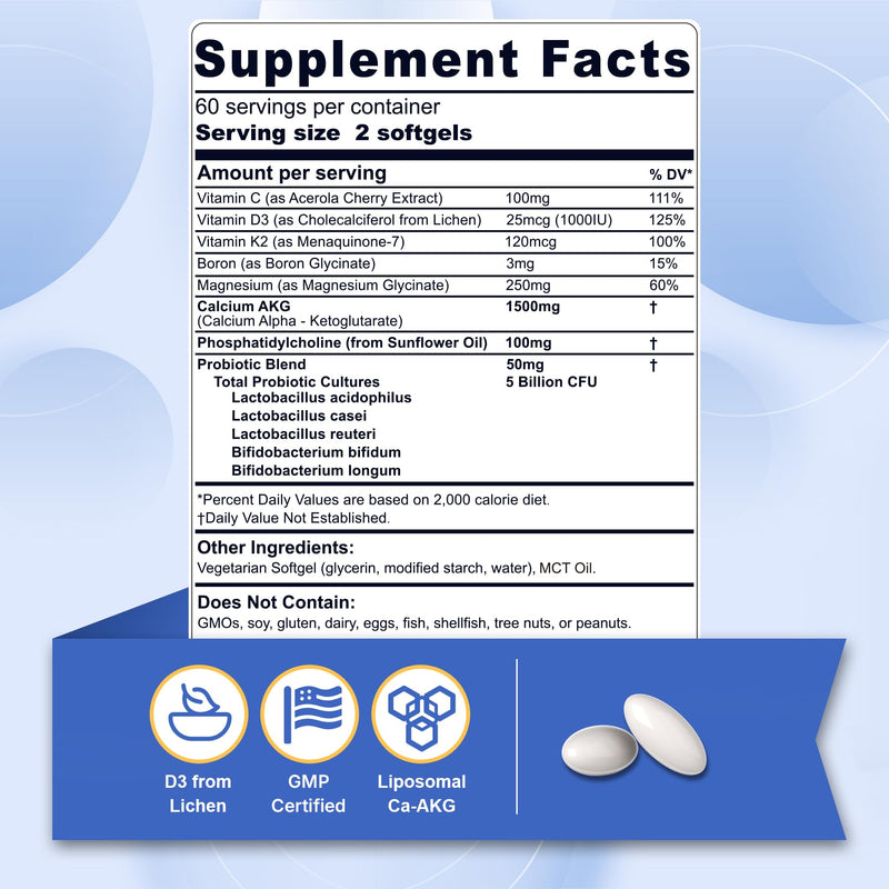Liposomal Calcium AKG Supplement 1500mg with Vitamin D3 K2 for Women Men | High Absorption, Calcium Supplements Pills with Magnesium Glycinate, Boron, Probiotics & Vitamin C for Bone - 120 Softgels 120 Count (Pack of 1)