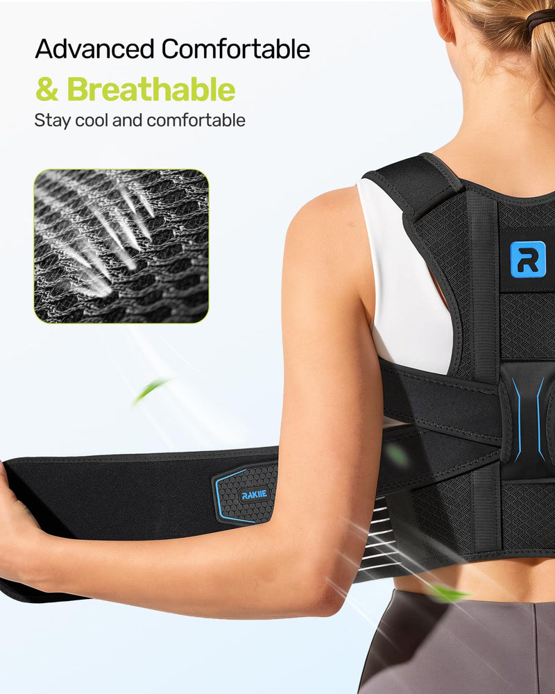 Rakiie Posture Corrector for Women and Men, Upgraded Back Brace with Enhanced Support, Shoulder Straightener with Cushioned Shoulder Pads & Underarm Pain Relief Strap, Blue L