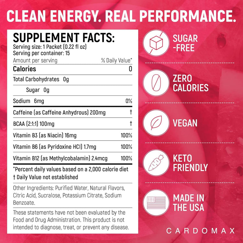 CardoMax Caffeine Packets, Watermelon, 15 Liquid Stick Packs | Energy Drink Packets with 200 MG Liquid Caffeine, BCAA, Vitamin B12 & B6, Sugar-Free, Zero Calorie, Vegan & Keto