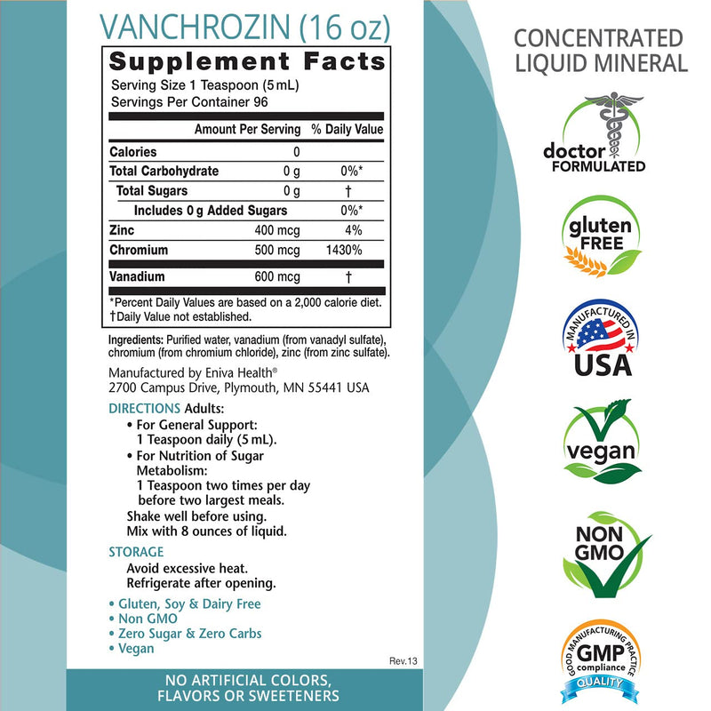 Eniva Health VANCHROZIN Liquid Ionic Minerals Supplement, Vanadium, Chromium & Zinc, Diabetic Friendly, 16 Fl Oz, 96 Servings - BeesActive Australia