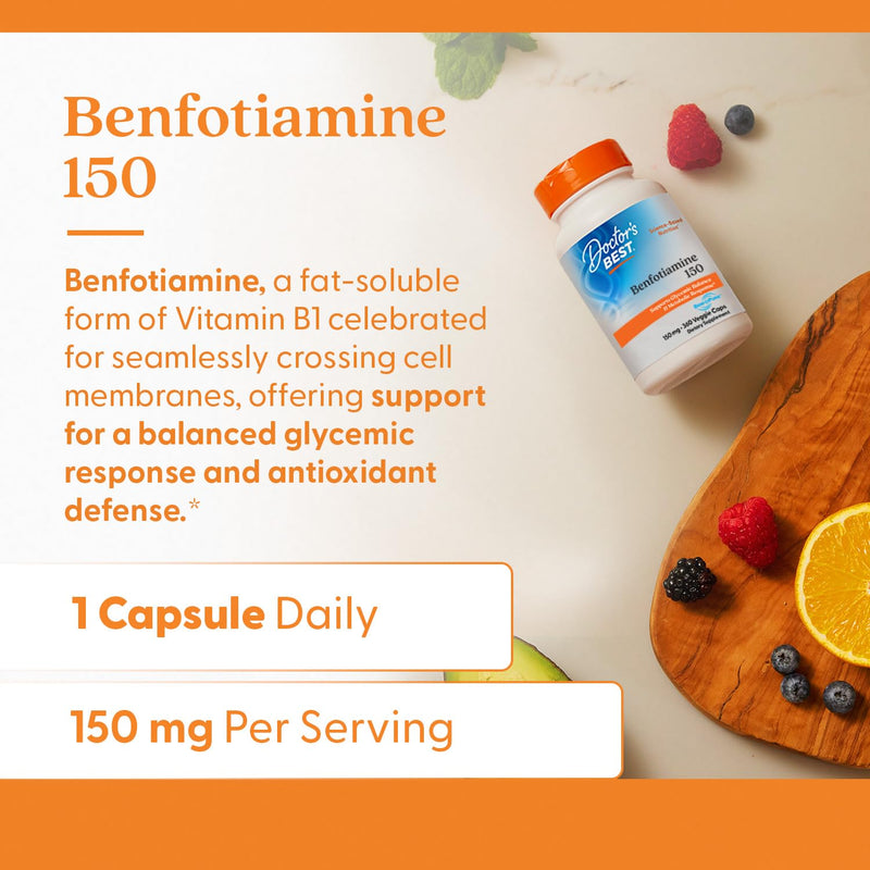 Doctor's Best Benfotiamine 150mg Supplement - Bioavailable Vitamin B1 for Men & Women, Benfotiamine Capsules, Supports Nerve & Metabolic Health, Antioxidant Support, Non GMO, Vegan - 360 Veggie Caps Unflavored 360 Count (Pack of 1)