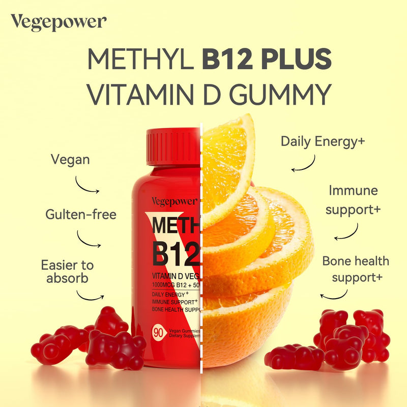 Vegan Vitamin D3 & B12 Gummies, Methyl B12 Supplement for Adults & Kids | Enhanced with Vitamin D for Natural Energy, Immune, Metabolism & Focus, Orange, 90 Gummies 90 Count (Pack of 1)