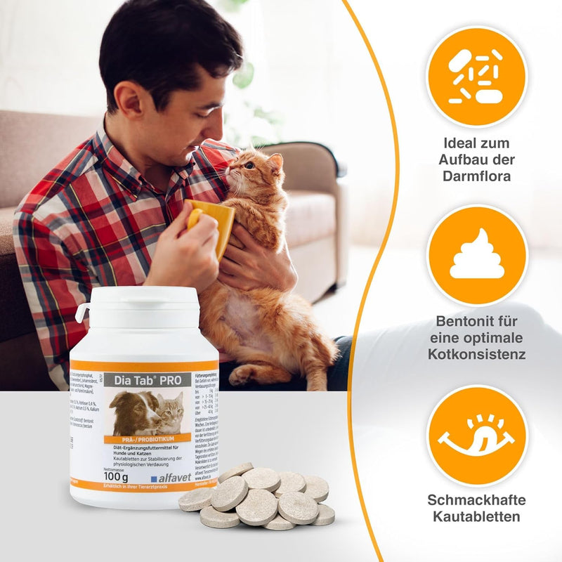 alfavet Dia Tab PRO for Dogs & Cats (100 g/ca. 50 chewable tablets) – Digestive Support Supplement – Prebiotic & Probiotic Formula with FOS, Enterococcus faecium & Bentonit