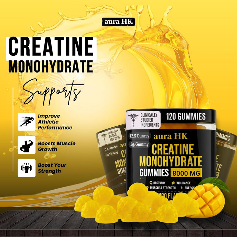 Sugar Free Creatine Monohydrate Gummies 8000mg Per Serving for Men & Women, Mango Flavour, Vegan 5000mg Creatine, BCAA, Taurine, L-Carnitine, Vitamins B12 & B6 Strength, Focus & Endurance, 120 Gummies Mango 8000mg