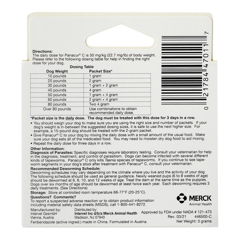 Panacur C Canine Dewormer Treatment Three 1-Gram Packets, Each Packet Treats 10 lbs