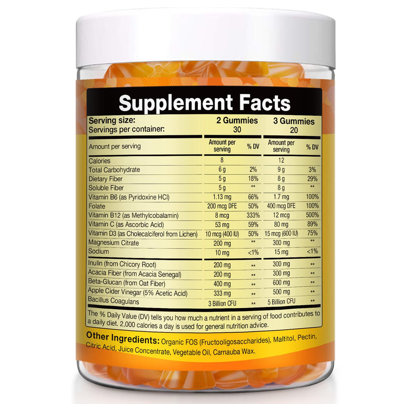 Orange Probiotic Fiber Gummies for Adults Teens, 60 Soluble Fiber Gummies | Fiber Supplement w/ Apple Cider Vinegar, Magnesium Citrate, FOS, Bacillus Coagulans, Inulin, Acacia for Digestion & Gut