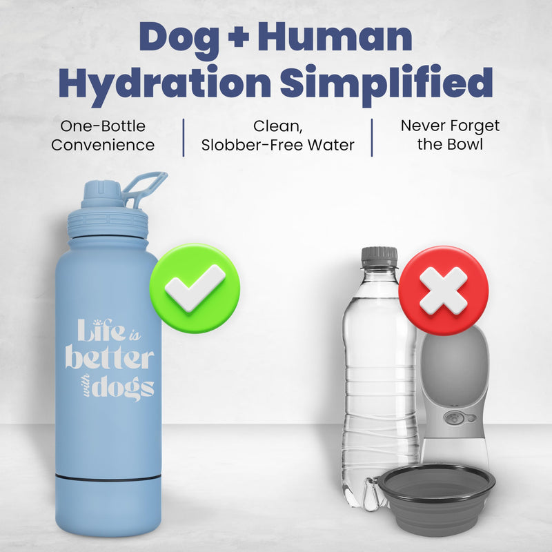 Dog Water Bottle for Dog Lovers - 32 oz Stainless Steel Double Wall Insulated Water Bottle with 8 oz Attached Dog Bowl - Best Dog Mom Gifts for Women - “Life is Better with Dogs” - Dusty Blue Life is Better: Dusty Blue - BeesActive Australia