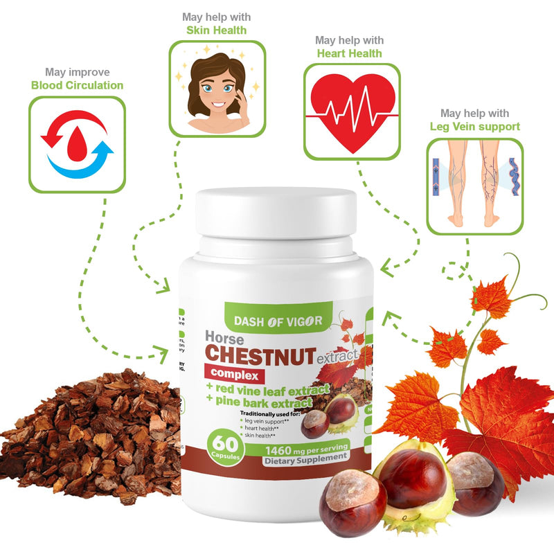 Dash of Vigor Horse Chestnut Extract Complex, Red Vine Leaf Extract Supplement, Pine Bark, Turmeric, Hawthorn Berry, Ginger, Cayenne Pepper, Chamomile, Leg Vein Support, 1460 mg, 60 Capsules - BeesActive Australia