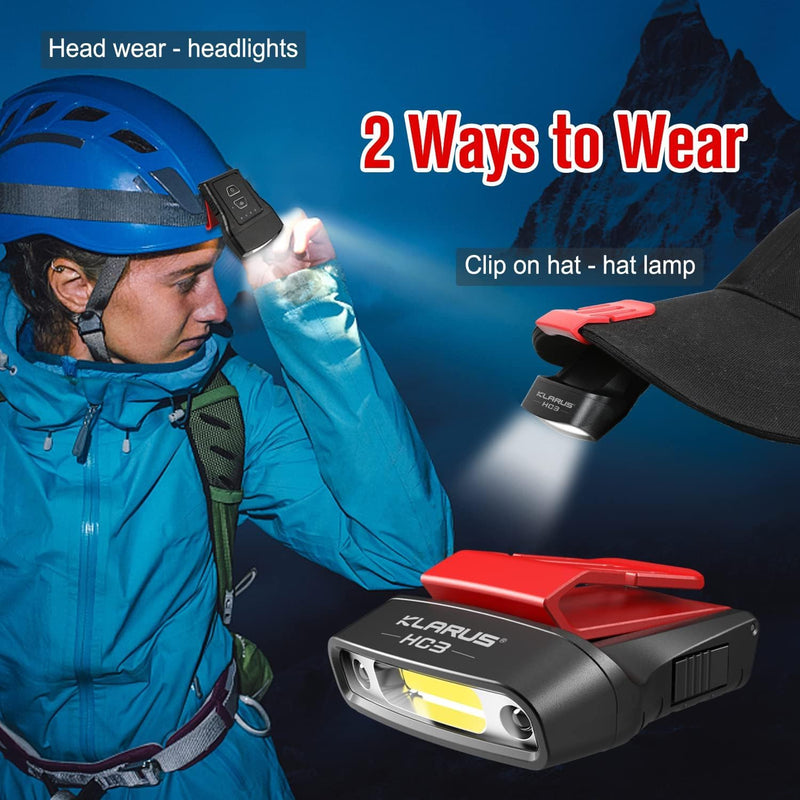 klarus HC3 2pcs Rechargeable Motion Sensor Cap Visor Light - 100 Lumens COB LED Clip on Hat Light - Headlamp Flashlight with Red Light for Fishing Running Camping Reading Black Red 2Pcs