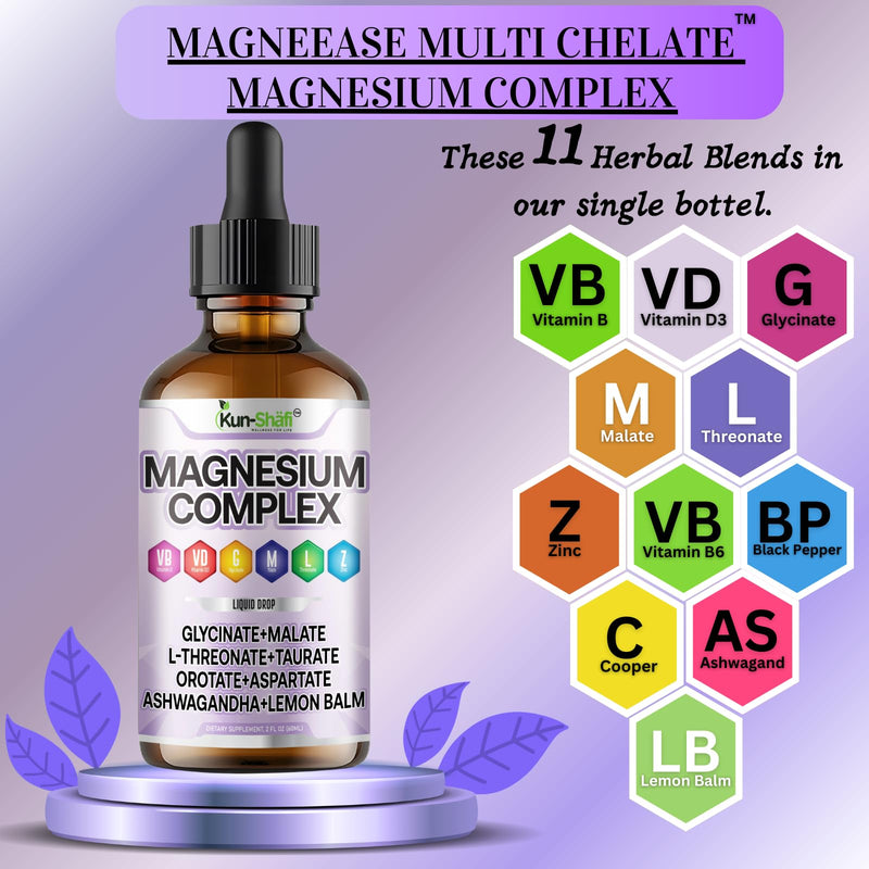 Magnesium Complex Liquid Drops – High Absorption Magnesium Glycinate, Malate, L-Threonate, Taurate with Ashwagandha & Lemon Balm – Vitamin C B1 B2 B6 B12 Complex – 2 Fl Oz(60 ml)