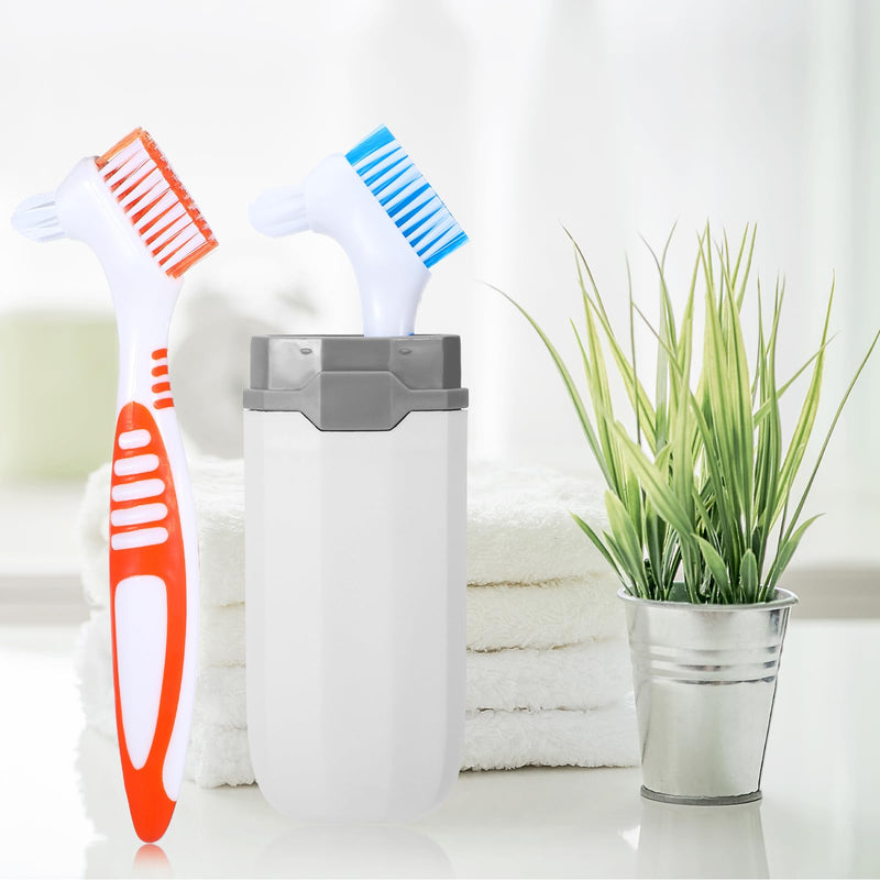 2Pcs Denture Brushes, Denture Cleaning Brush Set with White Carrying Case Dentures Toothbrushes with Multi-Layered Soft Bristles and Rubber Anti-Slip Handle(Blue + Orange)