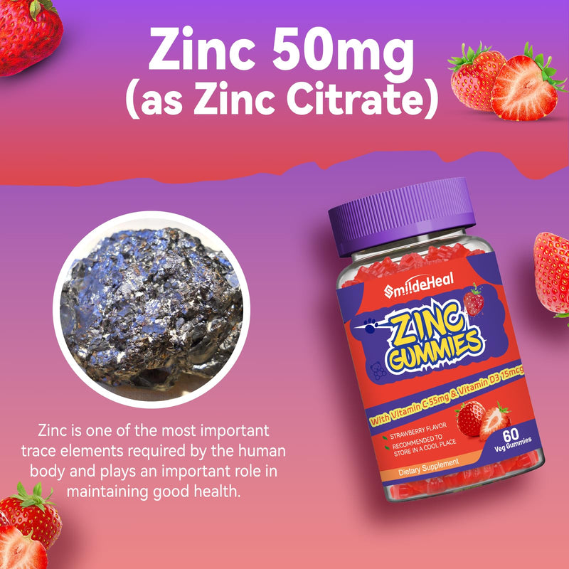 Zinc Gummies, Zinc 50mg, Zinc Citrate, with Vitamin C, Vitamin D3, 60 Count | Zinc Gummies, Zinc 50mg, Zinc Citrate, with Vitamin C, Vitamin D3, Strawberry Flavor Gummies, 60 Count 60 Count (Pack of 1)