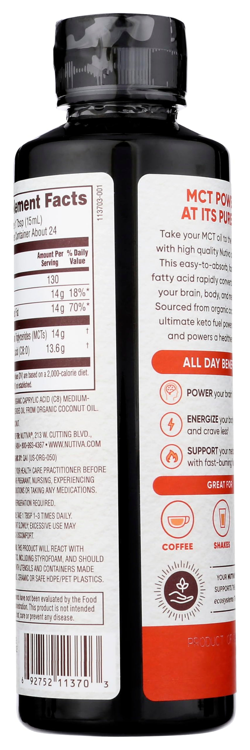 Nutiva Organic MCT Oil C8. 12 Fl Oz. Unflavored Medium Chain Triglycerides from Non-GMO Coconut. Ultimate Keto Fuel, Pure MCT Oil for Coffee, Low Carb, Energy and Metabolism Support - BeesActive Australia