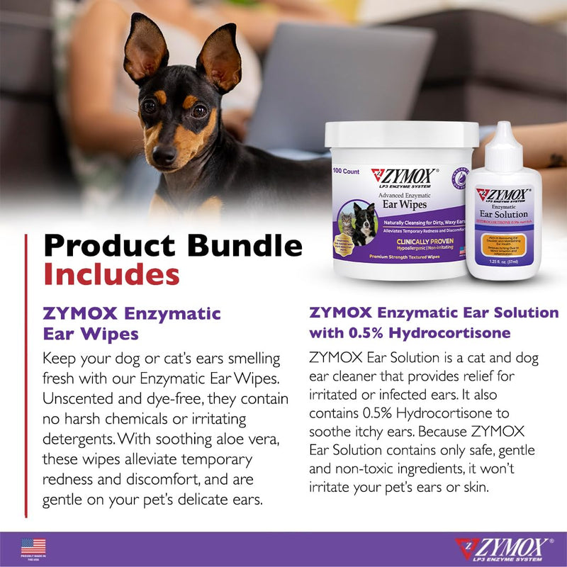 Zymox Enzymatic Ear Wipes and Ear Solution for Dogs and Cats - Product Bundle - for Dirty, Waxy, Smelly Ears and to Soothe Ear Infections - PawsPlanet Australia