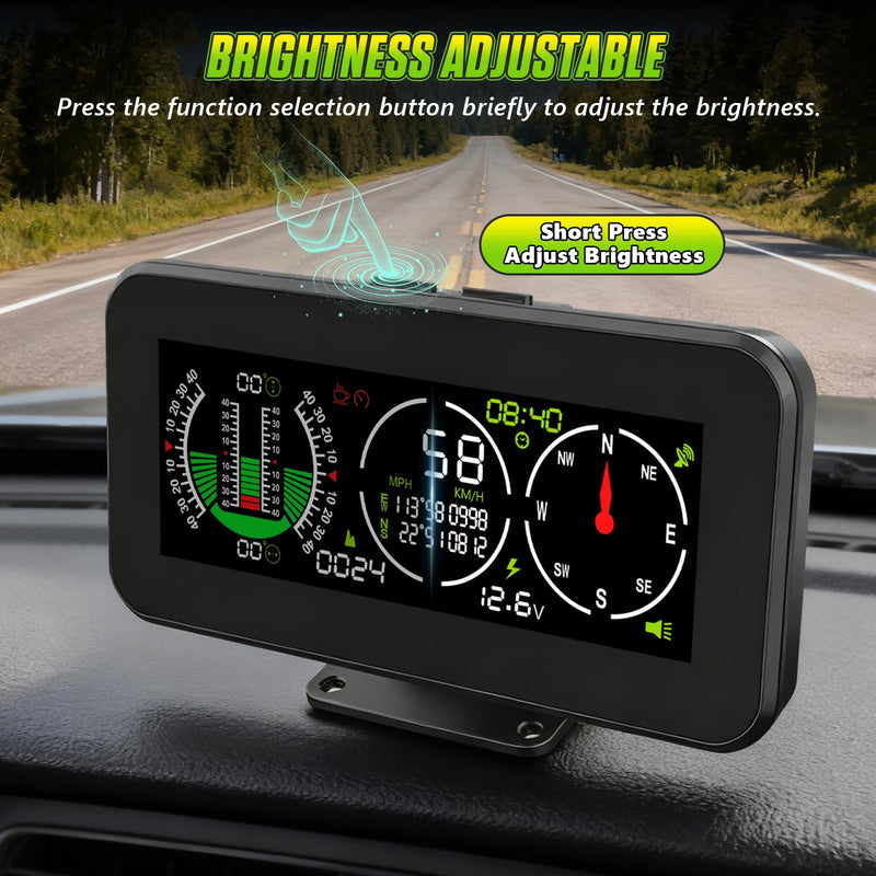 Car Inclinometer for Off Road Vehicles, GPS Speedometer MPH KMH with Compass Multfunctional Digital HUD Level Tilt Gauge Angle Slope Meter with Coordinate Display, M60