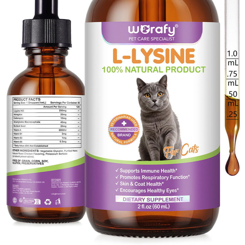Lysine for Cats, L-Lysine Supplement for Cats, Cat Immune Support, Cat Lysine Drops, 60ML Drops for Respiratory, Sneezing, Runny Nose, Eye Function, Allergy Relief for Kittens